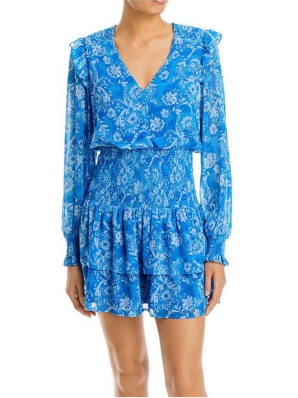 Bloomingdale's Blue Floral V-Neck Smocked Waist Mini Dress
